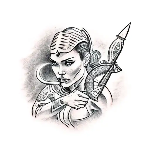 A traditional-style tattoo featuring a Sagittarius archer woman holding an otter instead of a bow tattoo design idea
