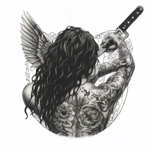 black women sexy back facing holding knife surrounded tattoo design idea