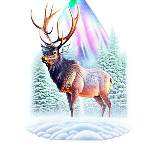 A majestic elk standing on a snow-covered mountain peak under the mesmerizing northern lights tattoo design idea