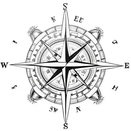 A compass surrounded by intricate hunting gear and adorned with elk and deer antlers tattoo design idea