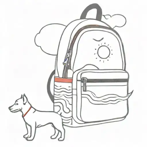 linear beach waves, sun, dogs, red backpack and music tattoo design idea