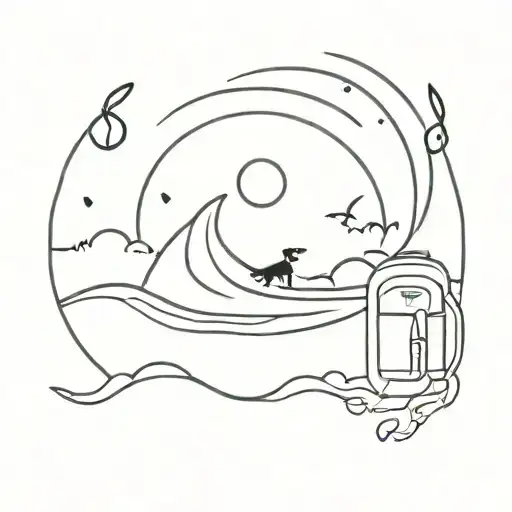 beach waves and sun. in the bach there is a a red jansport backpack and a dog . and musical notes tattoo design idea