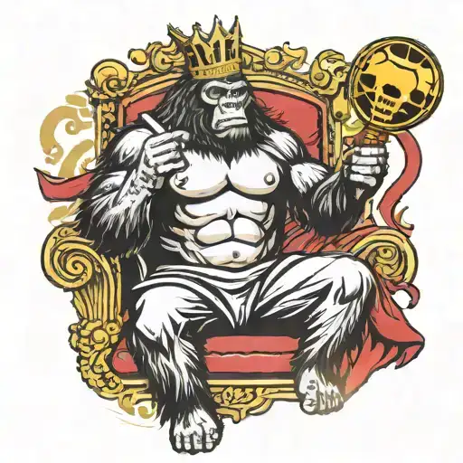 king kong sat on a throne with a crown orb and spector and a cape with a ribbon saying long live the king tattoo design idea