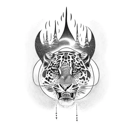 A powerful wizard communing with nature and harnessing its magical energy and a jaguar beside tattoo design idea
