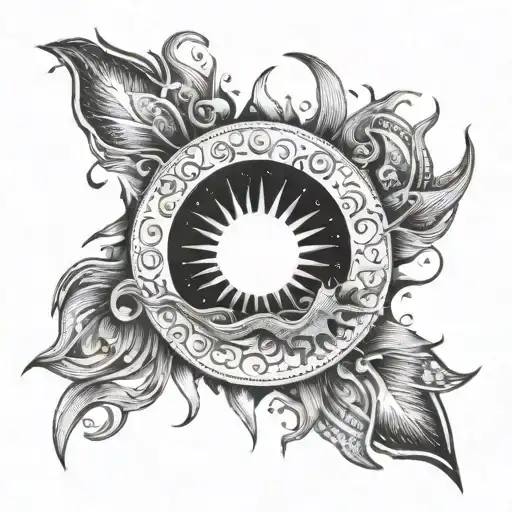 A dotwork tattoo of a sun and moon merging into one symbolizing balance and harmony tattoo design idea