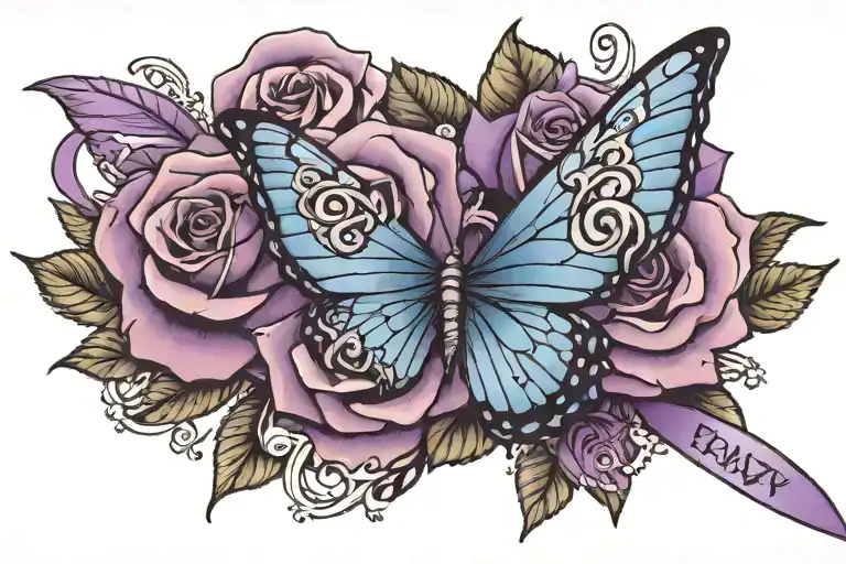blue butterfly on purple rose, ribbon written "emmzy" with swan feathers  tattoo design idea