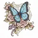 blue butterfly on purple rose, love heart tattoo design idea
