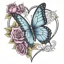 blue butterfly on purple rose, love heart tattoo design idea