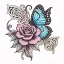 blue butterfly on purple rose, love heart tattoo design idea