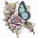 blue butterfly on purple rose, love heart tattoo design idea
