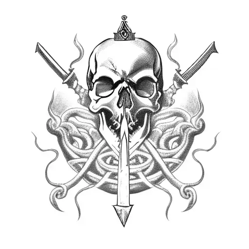 skull with dagger stabbing crown and snake winding through eyes with head coming out the mouth and flames behind tattoo design idea