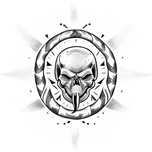 skull, dagger stabbing into it, snake winding through eye sockets with head coming out the mouth, flames in background tattoo design idea