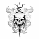 skull with dagger stabbing into the top and snake winding through eyes with head coming out the mouth and flames behind tattoo design idea