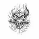 skull with dagger stabbing into the top and snake winding through eyes with head coming out the mouth and flames behind tattoo design idea