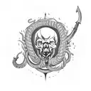 skull with dagger stabbing into the top and snake winding through eyes with head coming out the mouth and flames behind tattoo design idea