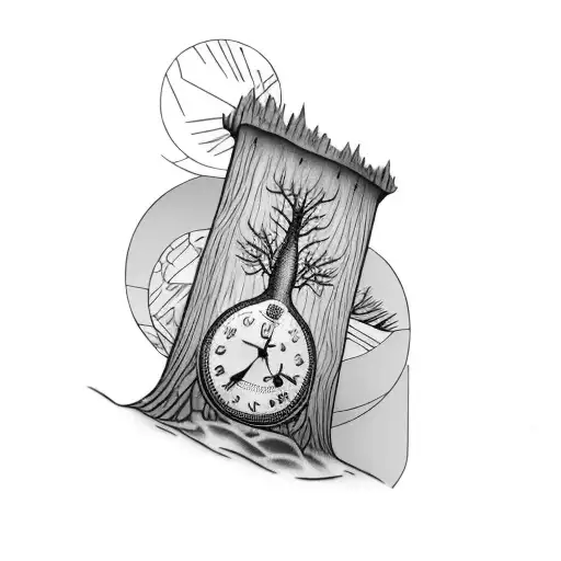 an hourglass with a living tree on the top part, dead tree on the bottom part, two clocks on the sides, one showing 8/12 tattoo design idea