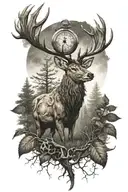 buff stag facing forward in a thick forest under a moon that is replaced with a pocket watch tattoo design idea
