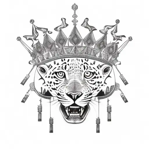 trippy portrait of a Jaguar with a golden royal queens crown on its head  roman inspired gold archways in the background tattoo design idea