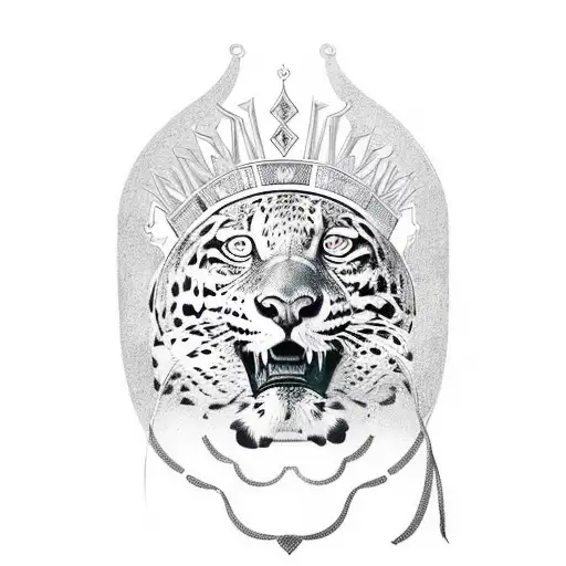 trippy portrait of a Jaguar with a golden royal queens crown on its head  roman inspired gold archways in the background tattoo design idea