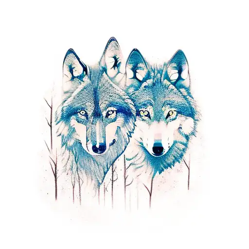 wolf and deer with forest behind tattoo design idea