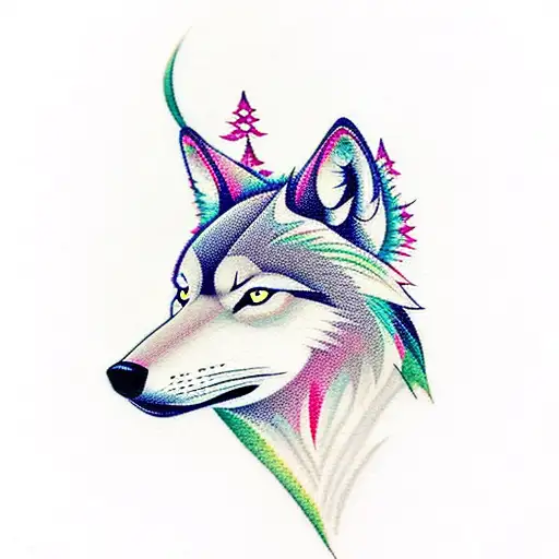 wolf and deer with forest behind tattoo design idea