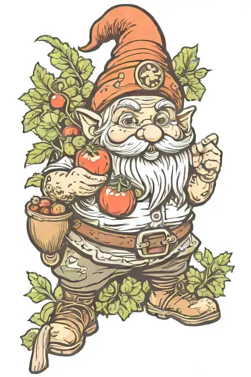 garden gnome with vegetables tattoo design idea