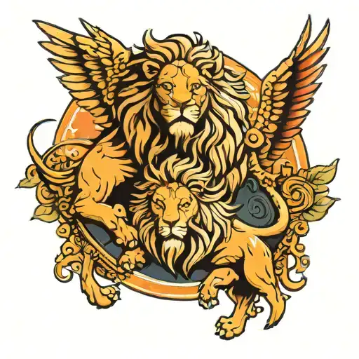 two winged lions flanking a sun tattoo design idea
