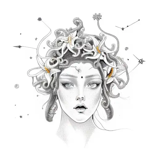 medusa with taurus constellation and day lilies tattoo design idea