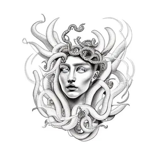 medusa and taurus constellation and day lilies and a phoenix  tattoo design idea