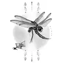 Sleeve tattoo on the arm that includes a paper boat, a dragonfly, a crow, phrase that says "smiles life is beautiful" tattoo design idea