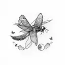 Sleeve tattoo on the arm that includes a paper boat, a dragonfly, a crow, phrase that says "smiles life is beautiful" tattoo design idea