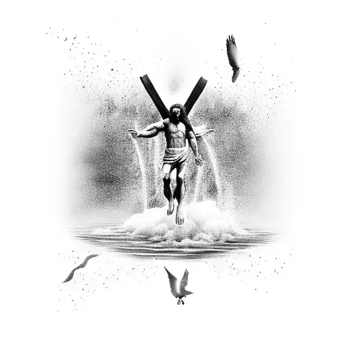 A powerful black and grey tattoo of Jesus Christ standing on water, with birds soaring towards him tattoo design idea