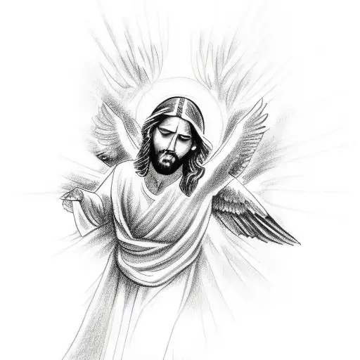A sketch-style tattoo of Jesus Christ with birds in flight, capturing the essence of grace and divinity tattoo design idea