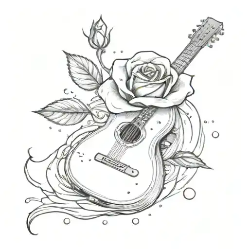 A rock and R&B music fusion symbolized by a rose growing out of a guitar with water droplets tattoo design idea