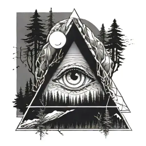 triangle with negative space eye surrounded by forest, ocean and mountains tattoo design idea