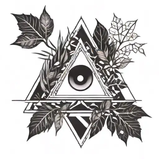 triangle with negative space eye surrounded by trees and leaves tattoo design idea