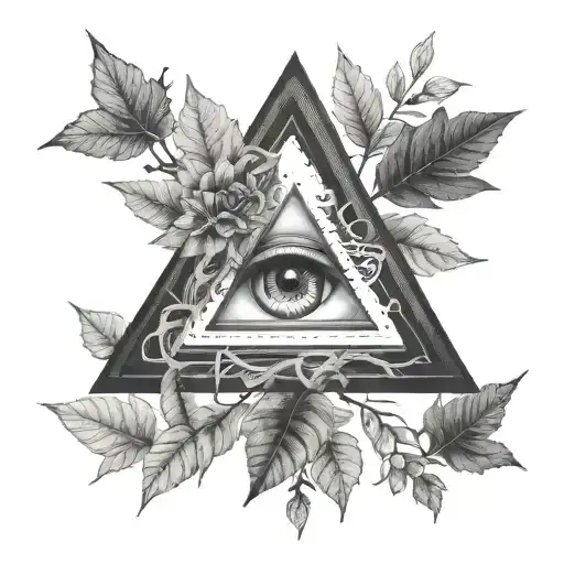 triangle with negative space eye surrounded by trees and vines tattoo design idea
