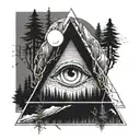 triangle with negative space eye surrounded by forest, ocean and mountains tattoo design idea