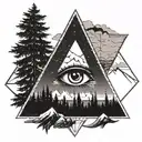 triangle with negative space eye surrounded by forest, ocean and mountains tattoo design idea