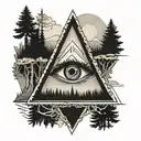 triangle with negative space eye surrounded by forest, ocean and mountains tattoo design idea