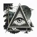 triangle with negative space eye surrounded by forest, ocean and mountains tattoo design idea