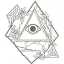 triangle with negative space eye surrounded by trees and vines tattoo design idea