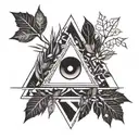 triangle with negative space eye surrounded by trees and leaves tattoo design idea