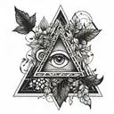 triangle with negative space eye surrounded by trees and leaves tattoo design idea
