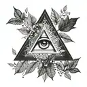 triangle with negative space eye surrounded by trees and leaves tattoo design idea