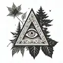 triangle with negative space eye surrounded by trees and leaves tattoo design idea