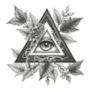 triangle with negative space eye surrounded by trees and vines tattoo design idea