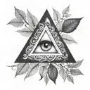 triangle with negative space eye surrounded by trees and vines tattoo design idea