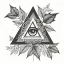 triangle with negative space eye surrounded by trees and vines tattoo design idea
