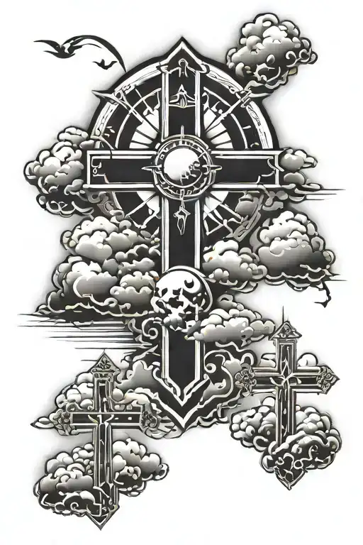 3 crosses woth clouds and sun   tattoo design idea